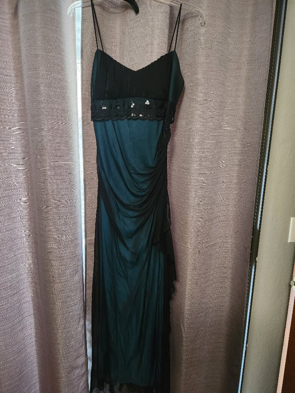 Teal blue with black overlay evening gown